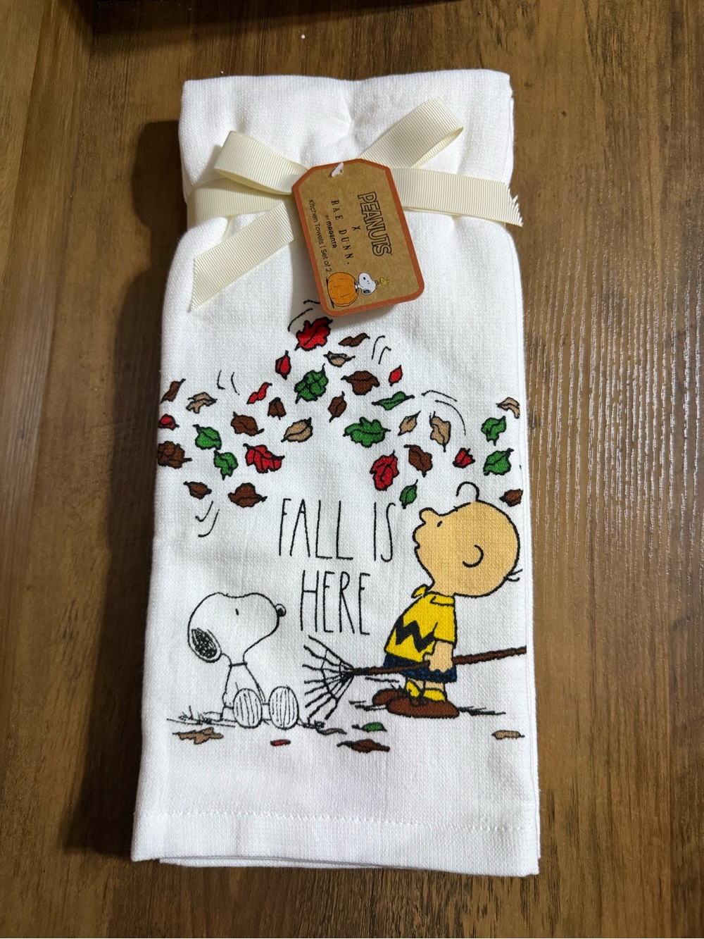 Rae Dunn White Cotton Kitchen Towel with Multicolor Fall Leaf Print